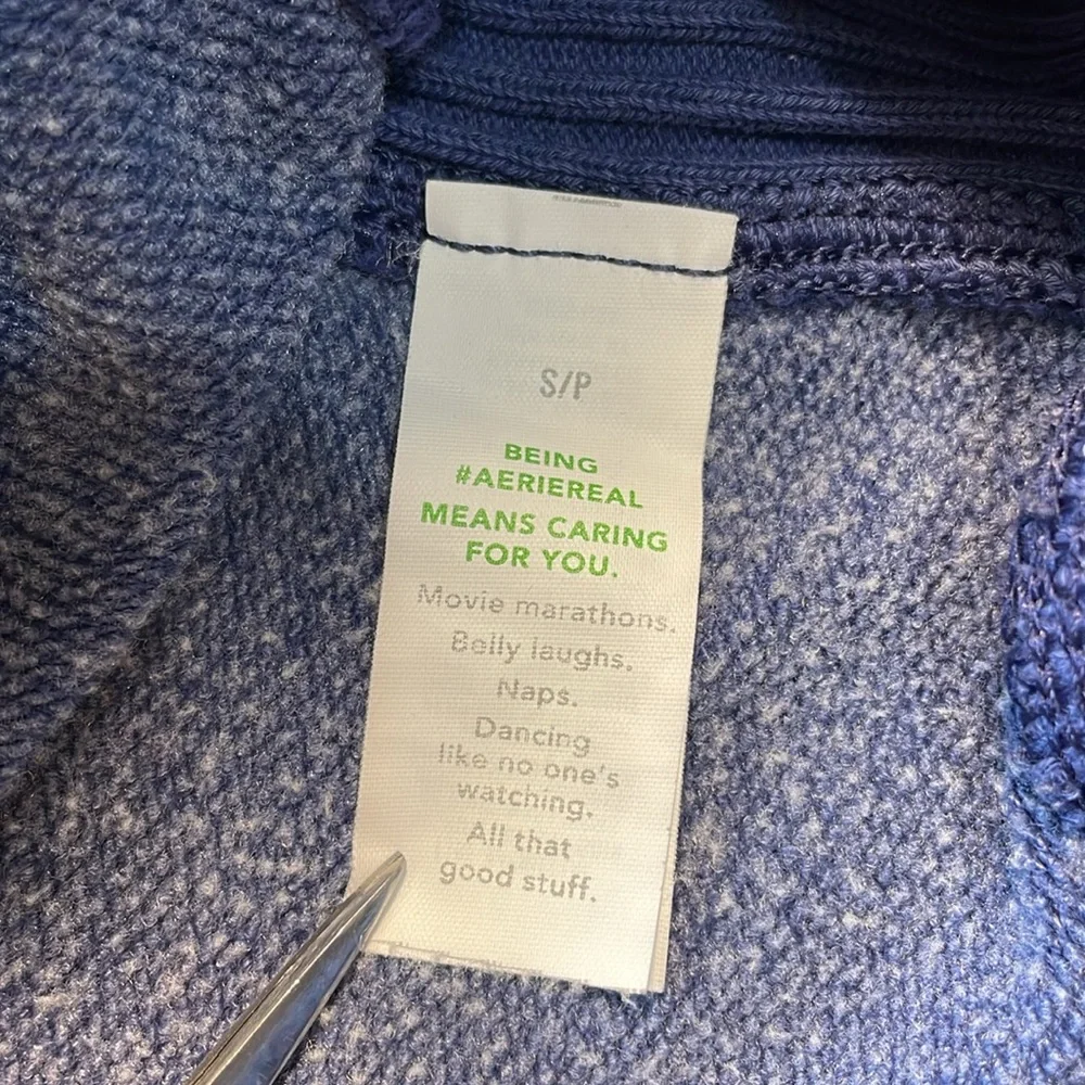 AERIE Down-To-Earth Crewneck Sweatshirt Checked Out Faded Blue Ribbed Oversize S - Picture 8 of 15